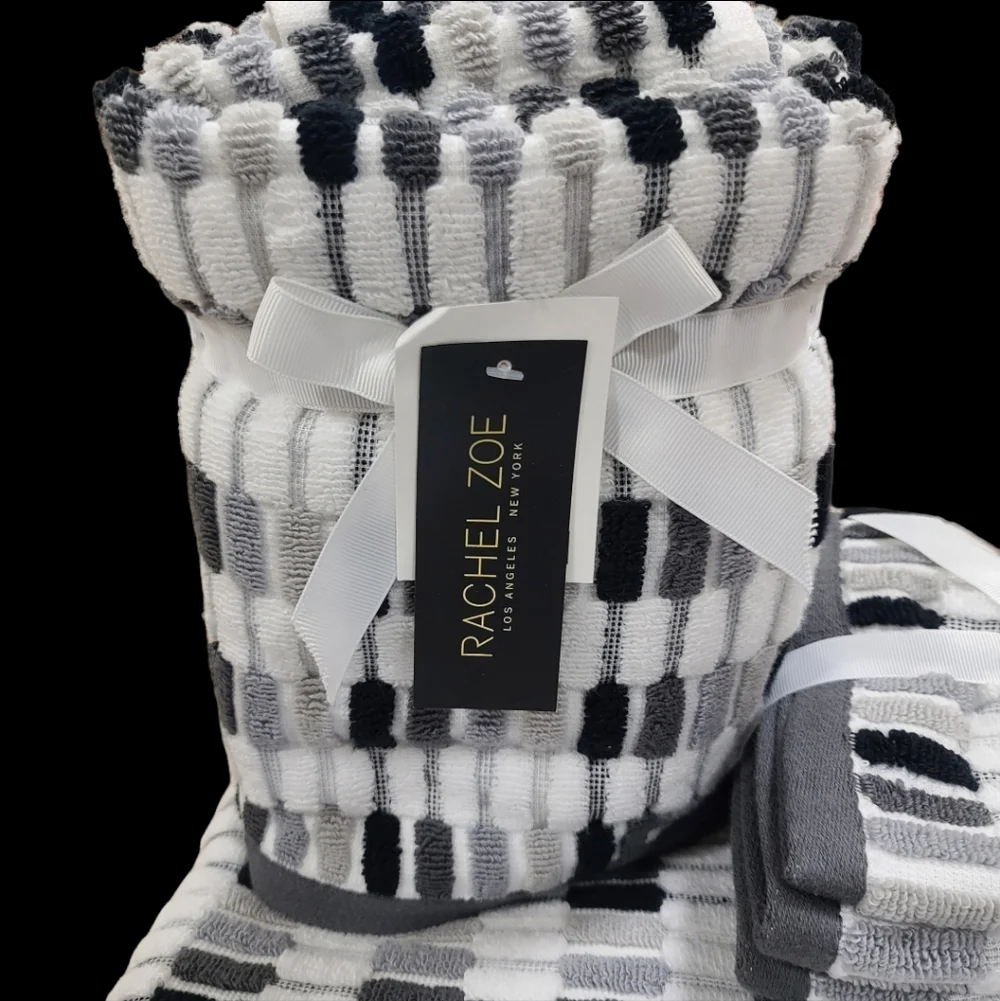 8pc Rachel Zoe Mosaic 100% Cotton Bath Hand Washcloth Towel Set Black White Gray
